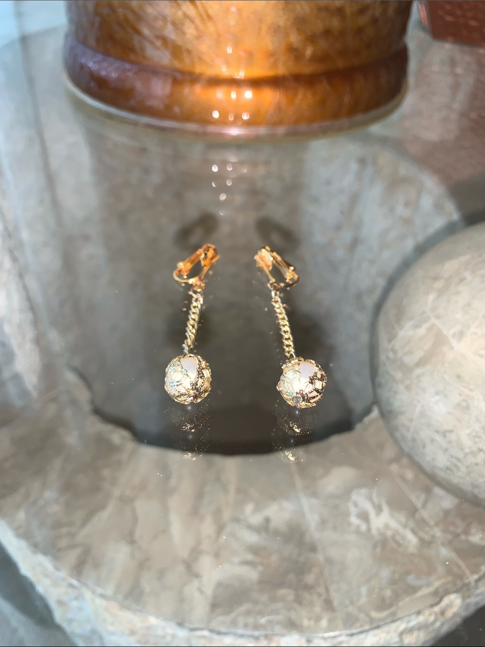 Vintage Celebrity New York gold-tone faux pearl filigree dangle clip-on earrings